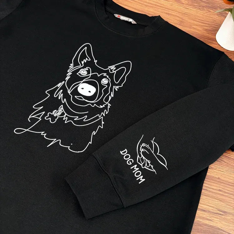 Black pet line art sweatshirt with sleeve print laid flat