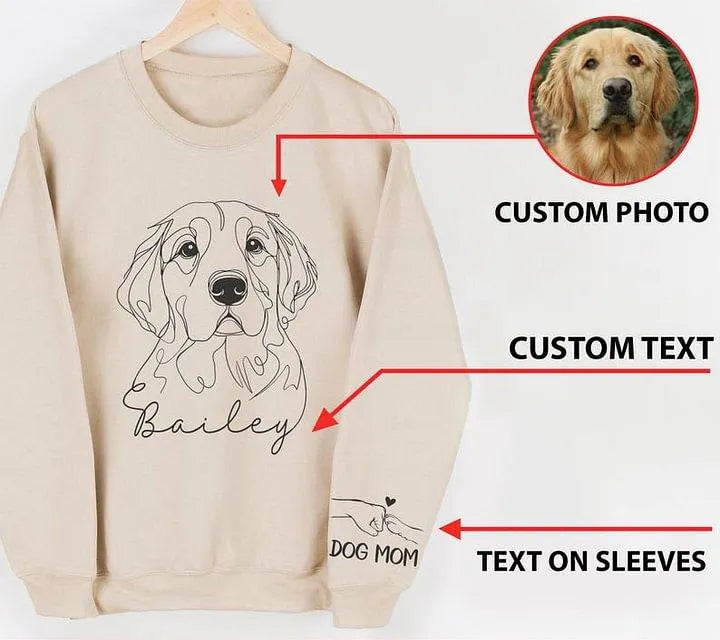 Cream pet sketch sweatshirt illustrating photo name and sleeve placement