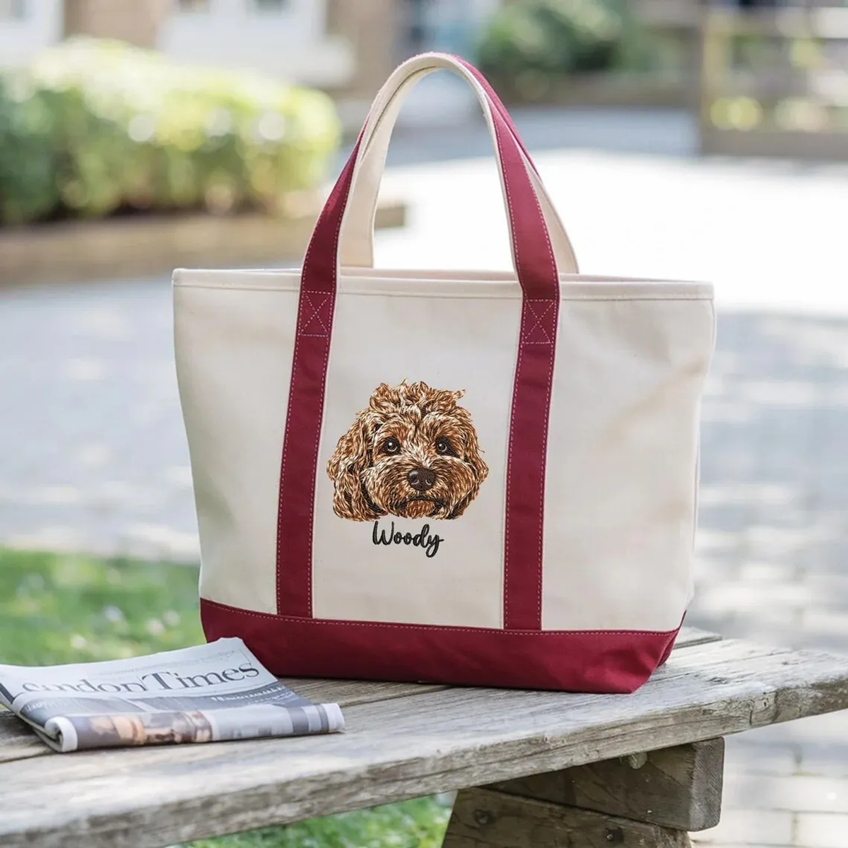 Wine Red and cream tote with Woody pet portrait and name