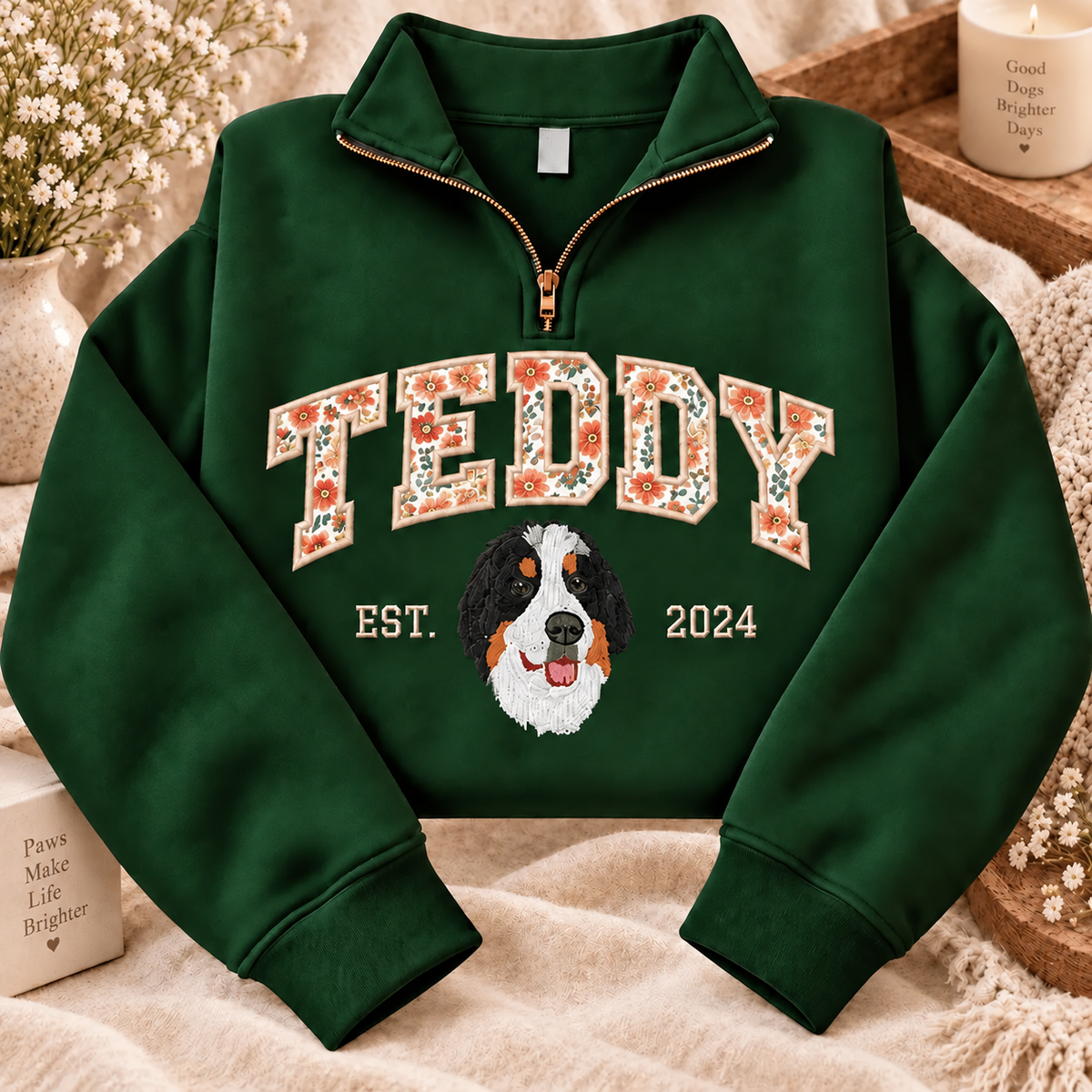 Forest green TEDDY floral applique name and dog portrait quarter-zip sweatshirt