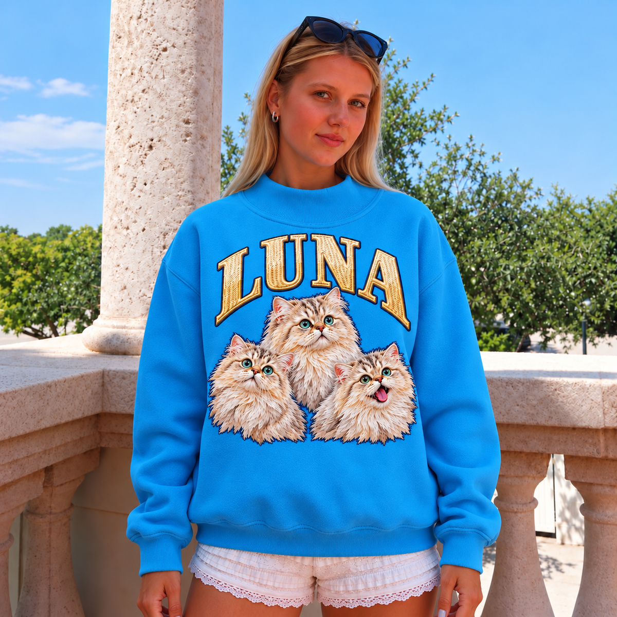 Blue mockneck sweatshirt with LUNA cat collage and name