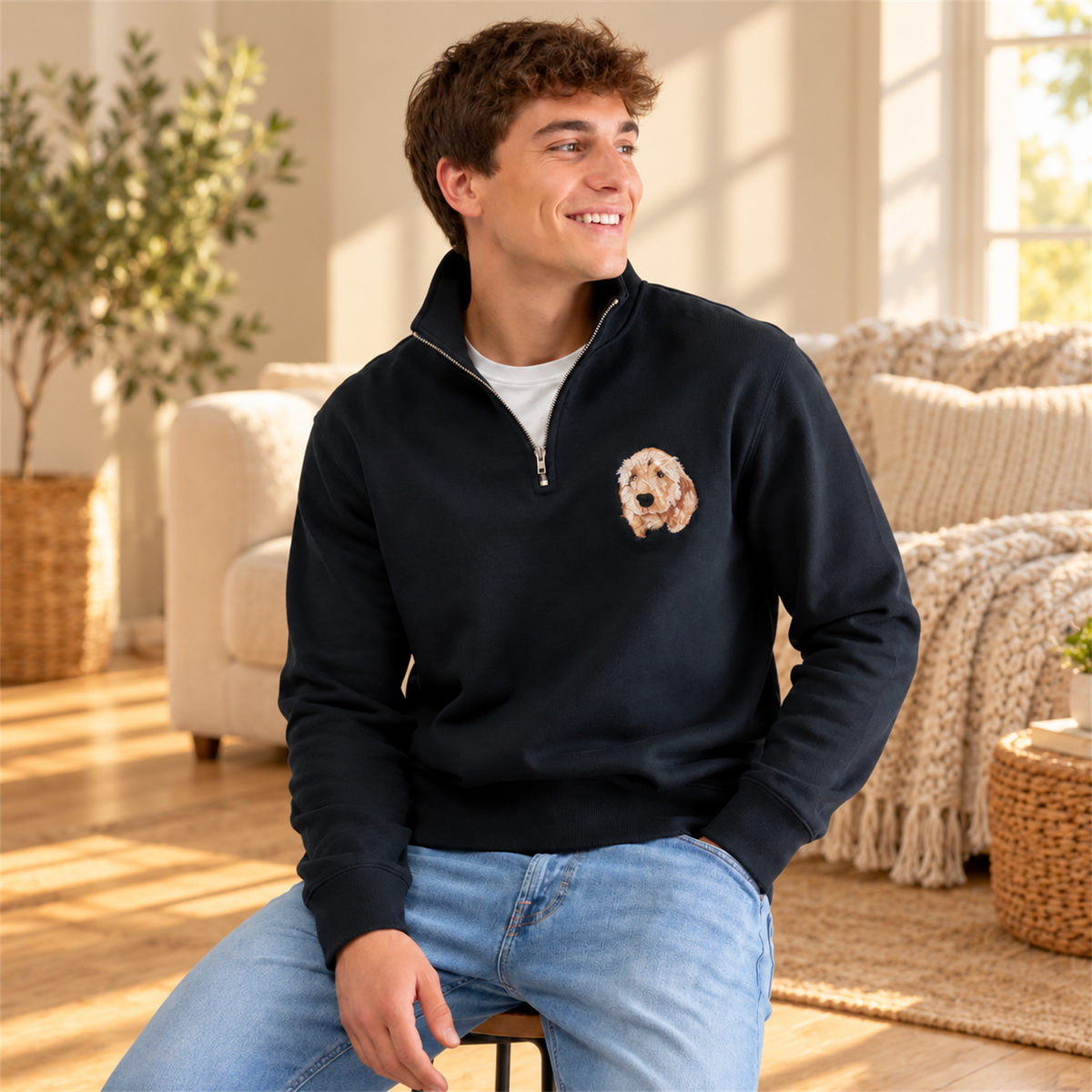 Man wearing a black quarter zip sweatshirt with custom pet portrait embroidery in a warm sunlit home setting