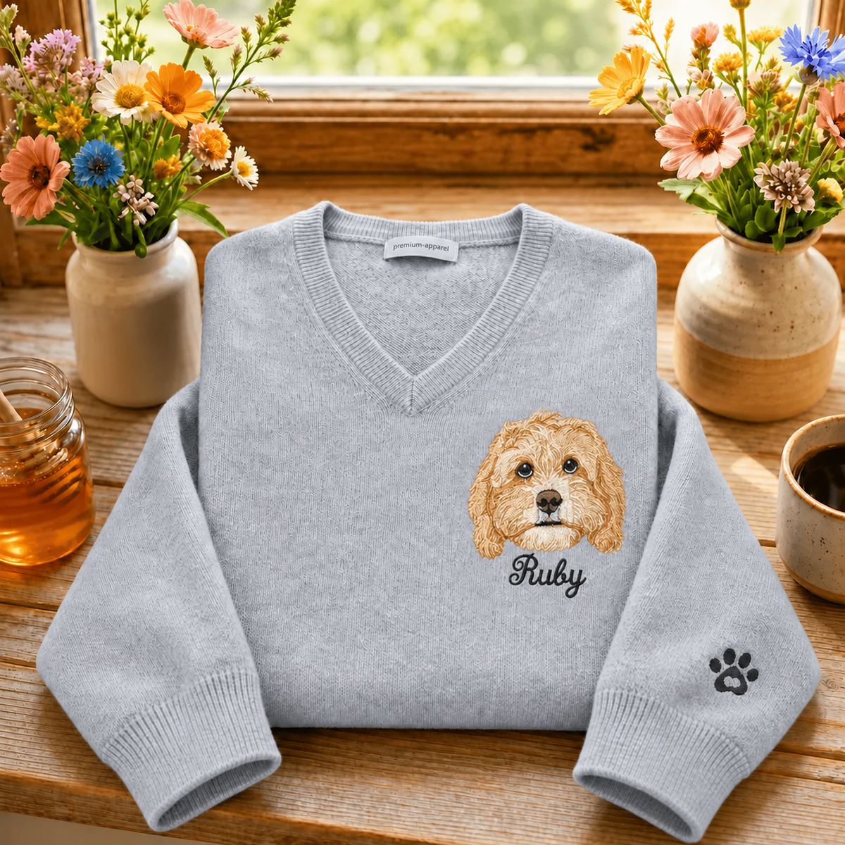 Gray Ruby pet portrait V-neck sweater with paw sleeve embroidery beside flowers