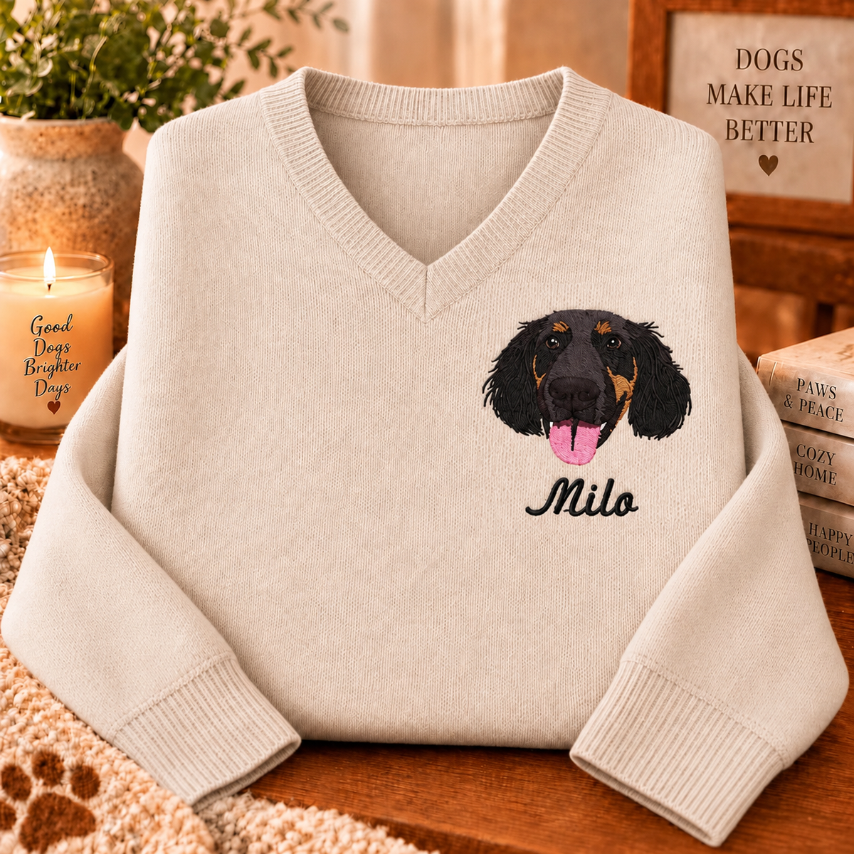 Cream Milo dog portrait V-neck sweater in a warm home setting