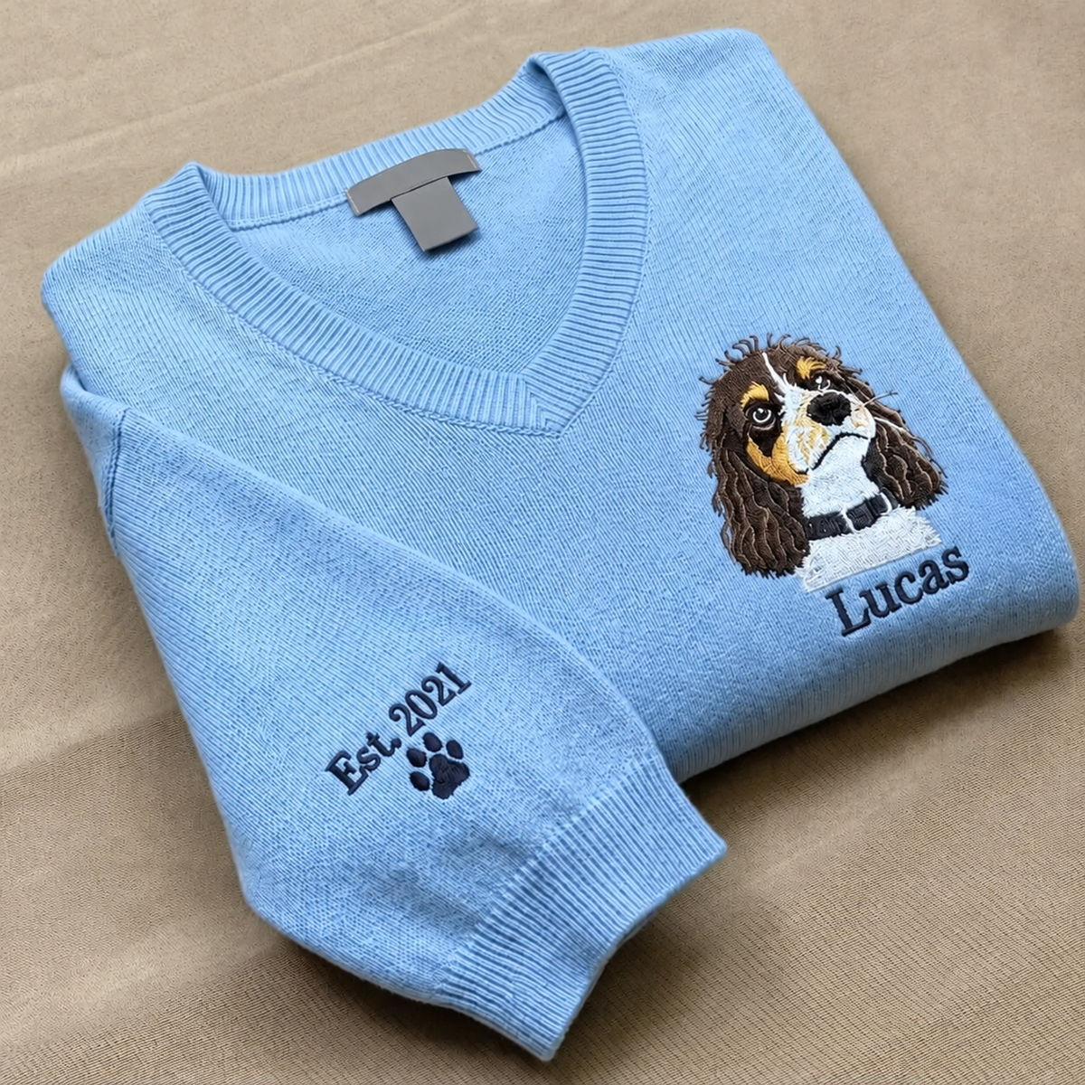 Light blue Lucas dog portrait V-neck sweater with Est 2021 and paw sleeve detail