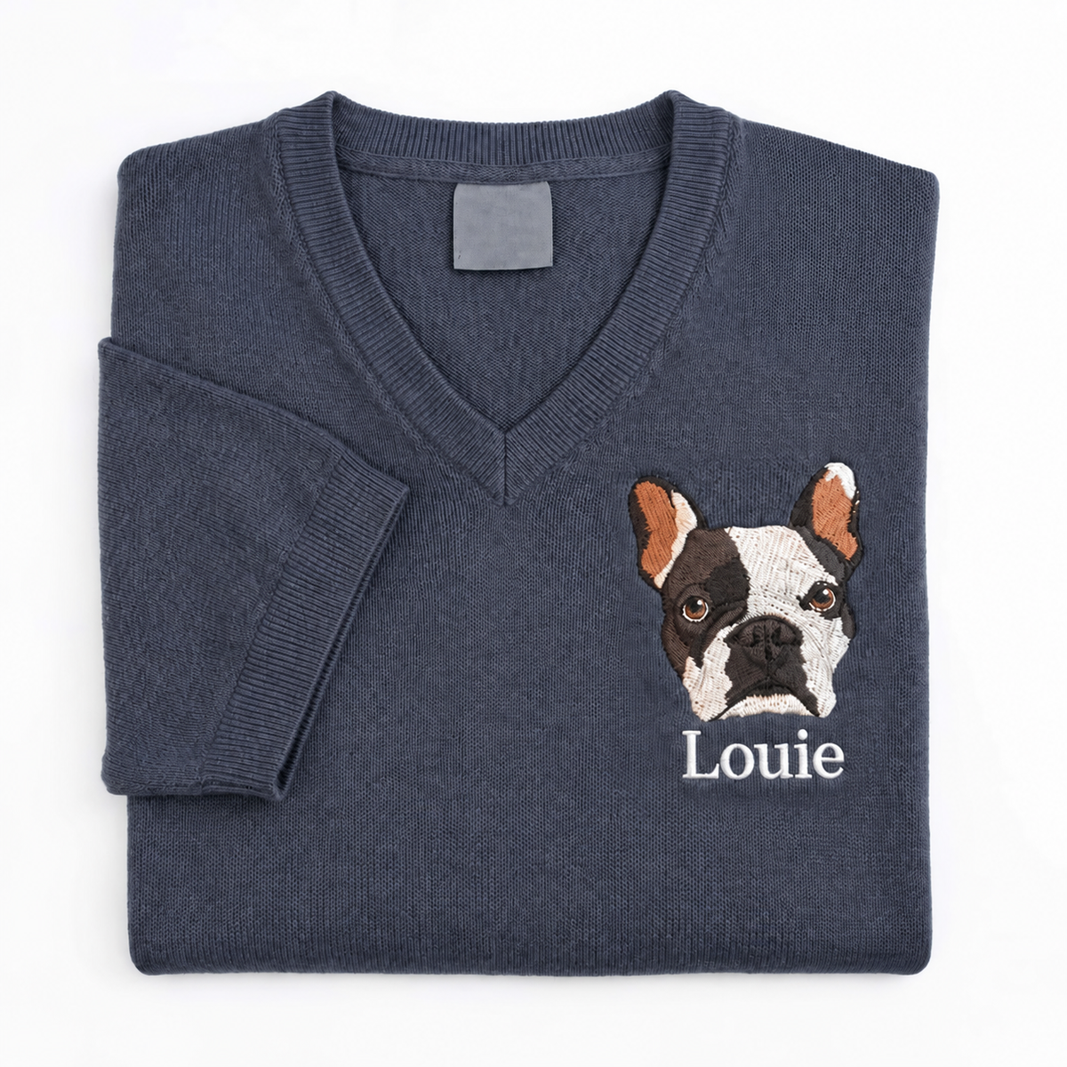 Navy Louie Boston terrier portrait V-neck knit sweater