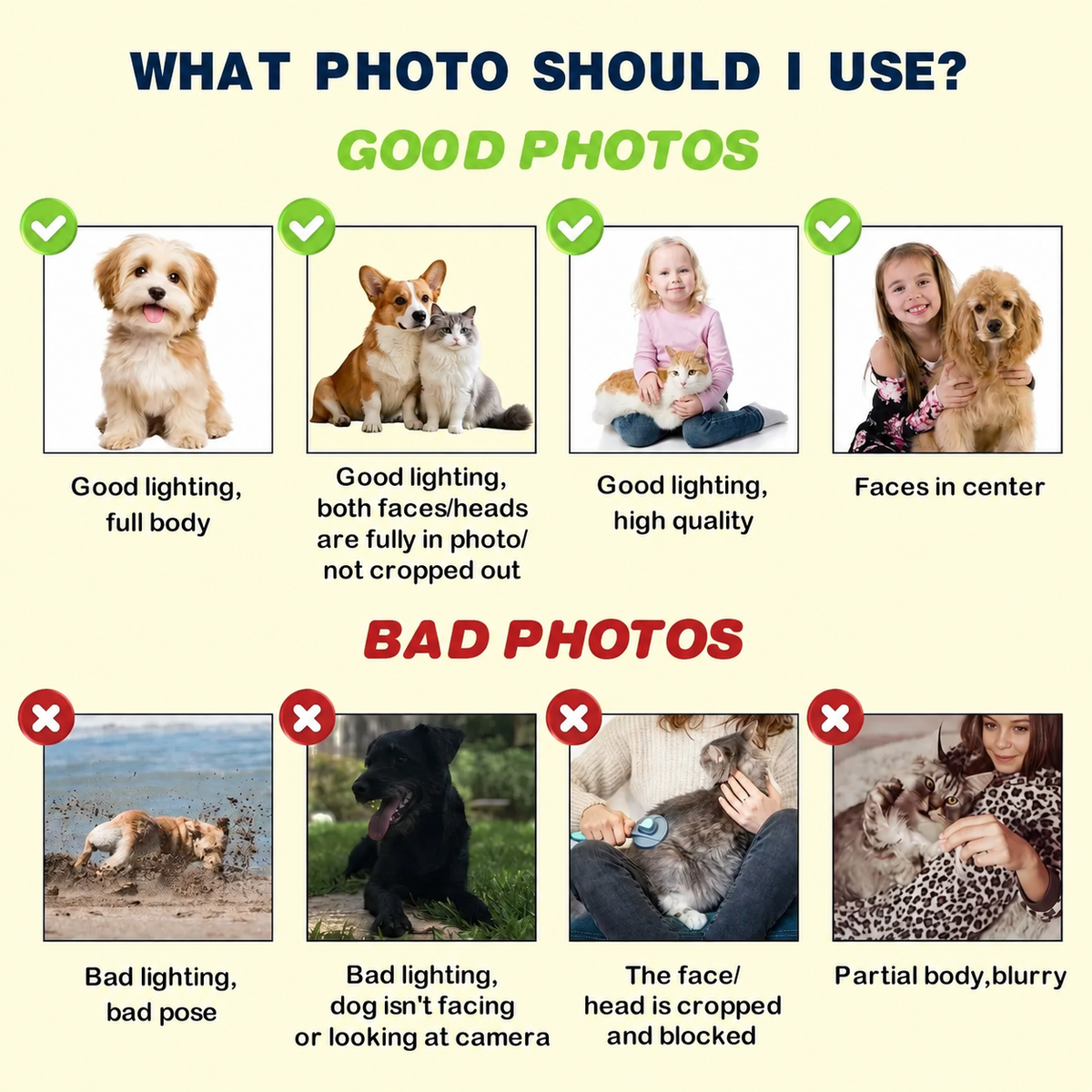 Pet photo guide with suitable and unsuitable portrait examples