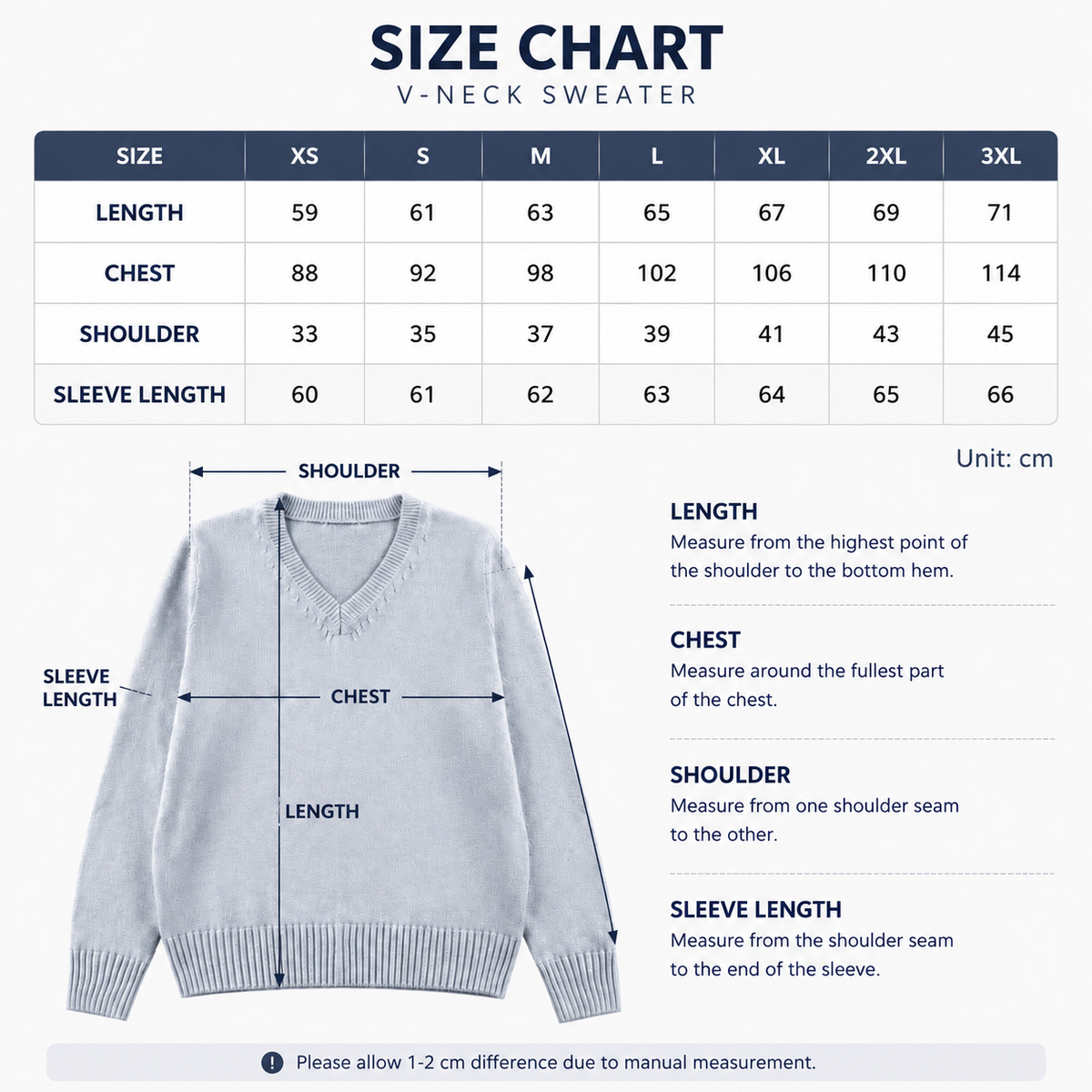 V-neck sweater size chart with centimeter measurements for length chest shoulder and sleeve