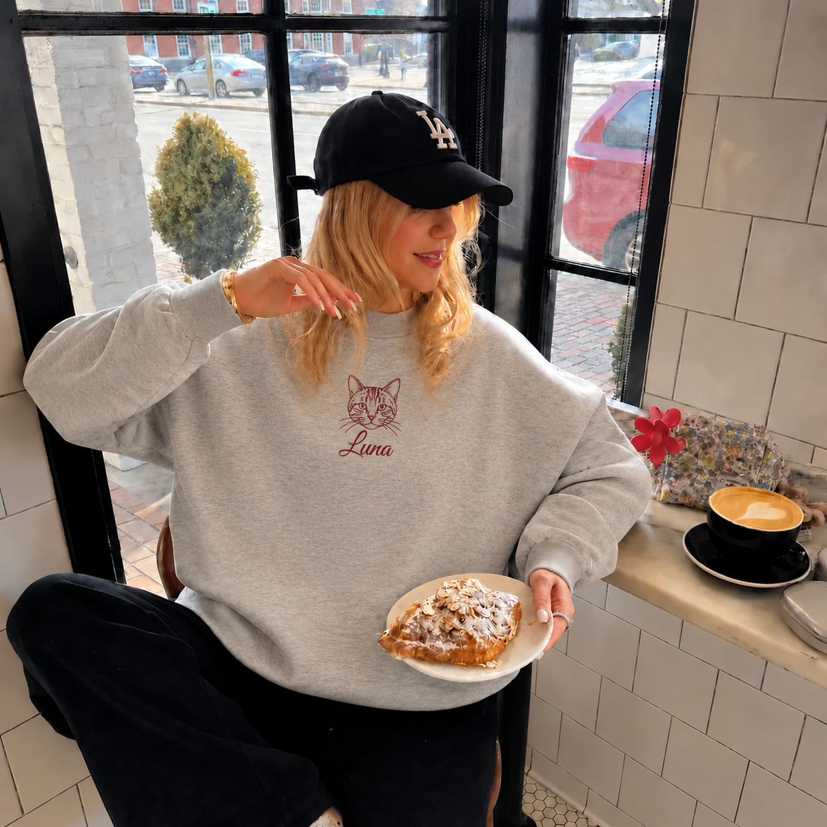 Gray mockneck sweatshirt with Luna cat outline and burgundy name