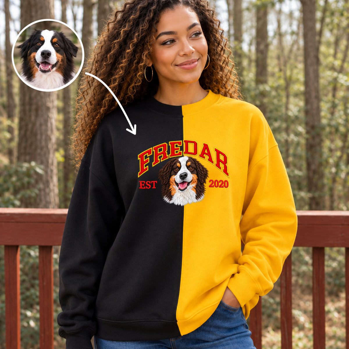 Black and yellow split color FREDAR pet portrait sweatshirt with original dog photo inset and arrow showing photo-to-portrait customization