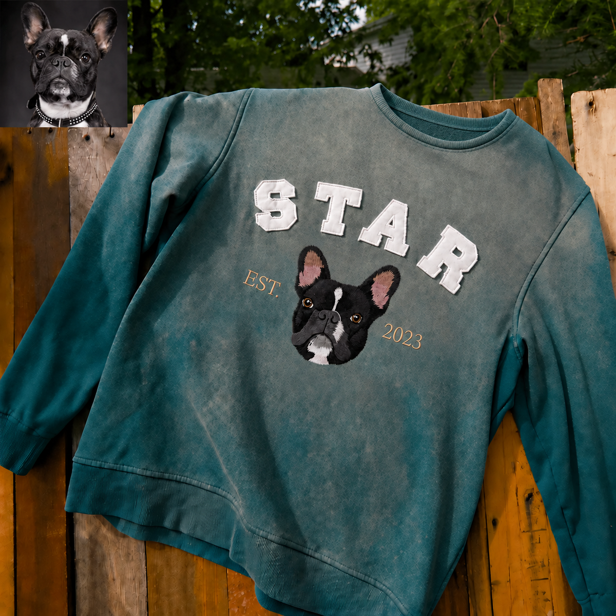 Teal STAR French bulldog portrait sweatshirt with a label-free neckline