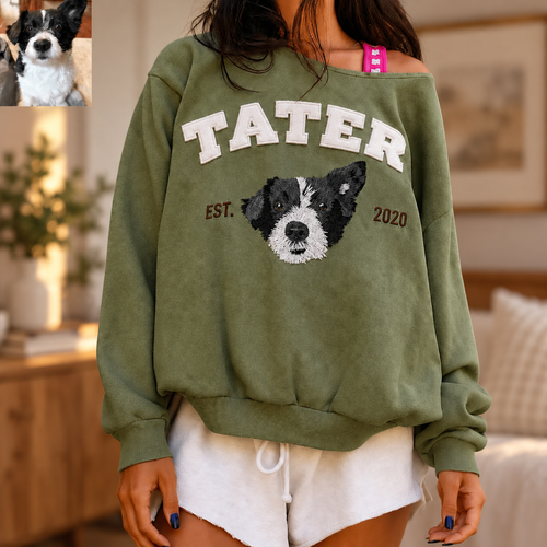 Olive washed off shoulder sweatshirt with TATER applique name, embroidered dog portrait and EST 2020