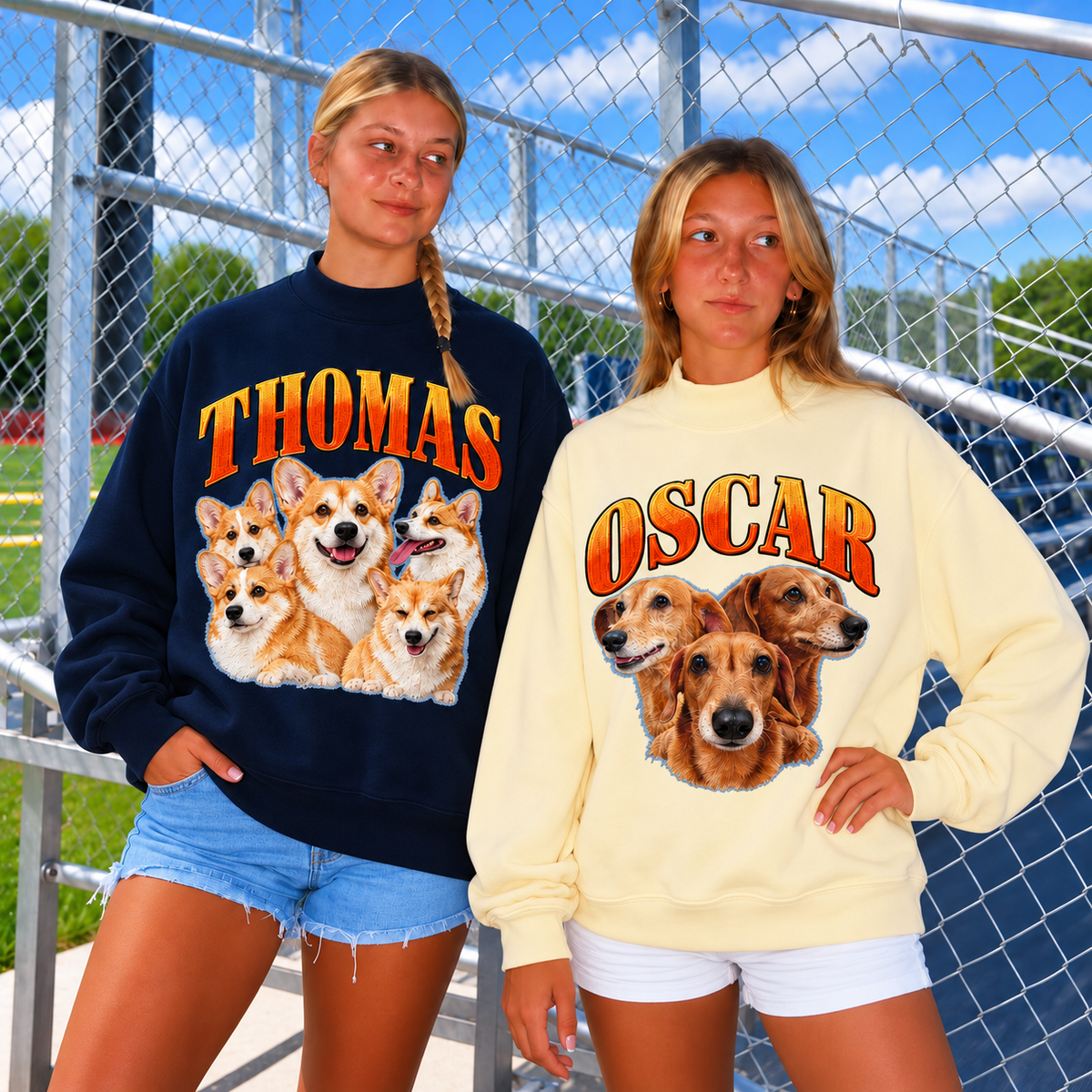 Two models wearing navy and cream custom pet collage mockneck sweatshirts