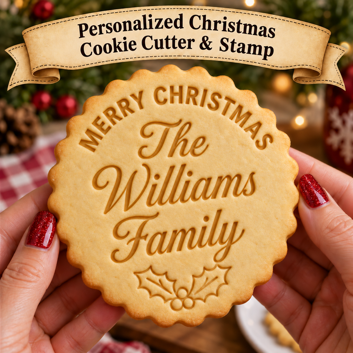 Personalized Christmas cookie with the Williams family name and holly design