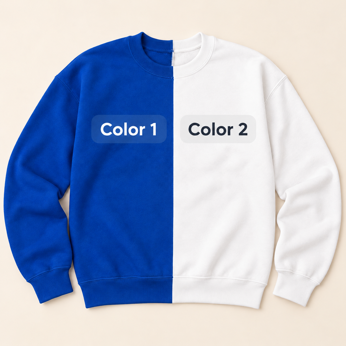 Color selection guide: Color 1 is the left half and Color 2 is the right half when viewing the sweatshirt from the front