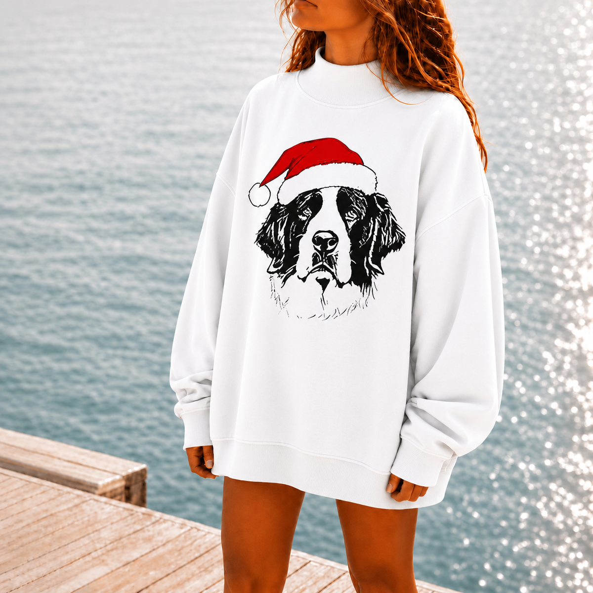 White mockneck sweatshirt with Saint Bernard and red Santa hat print
