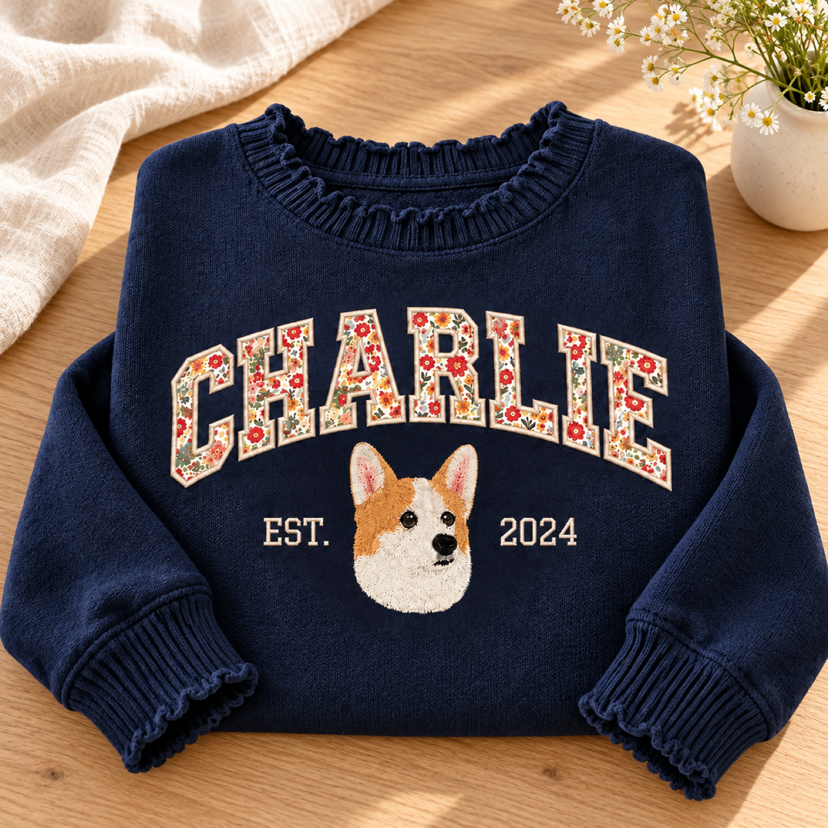 Navy Charlie knit sweater with floral name applique, corgi portrait and EST 2024