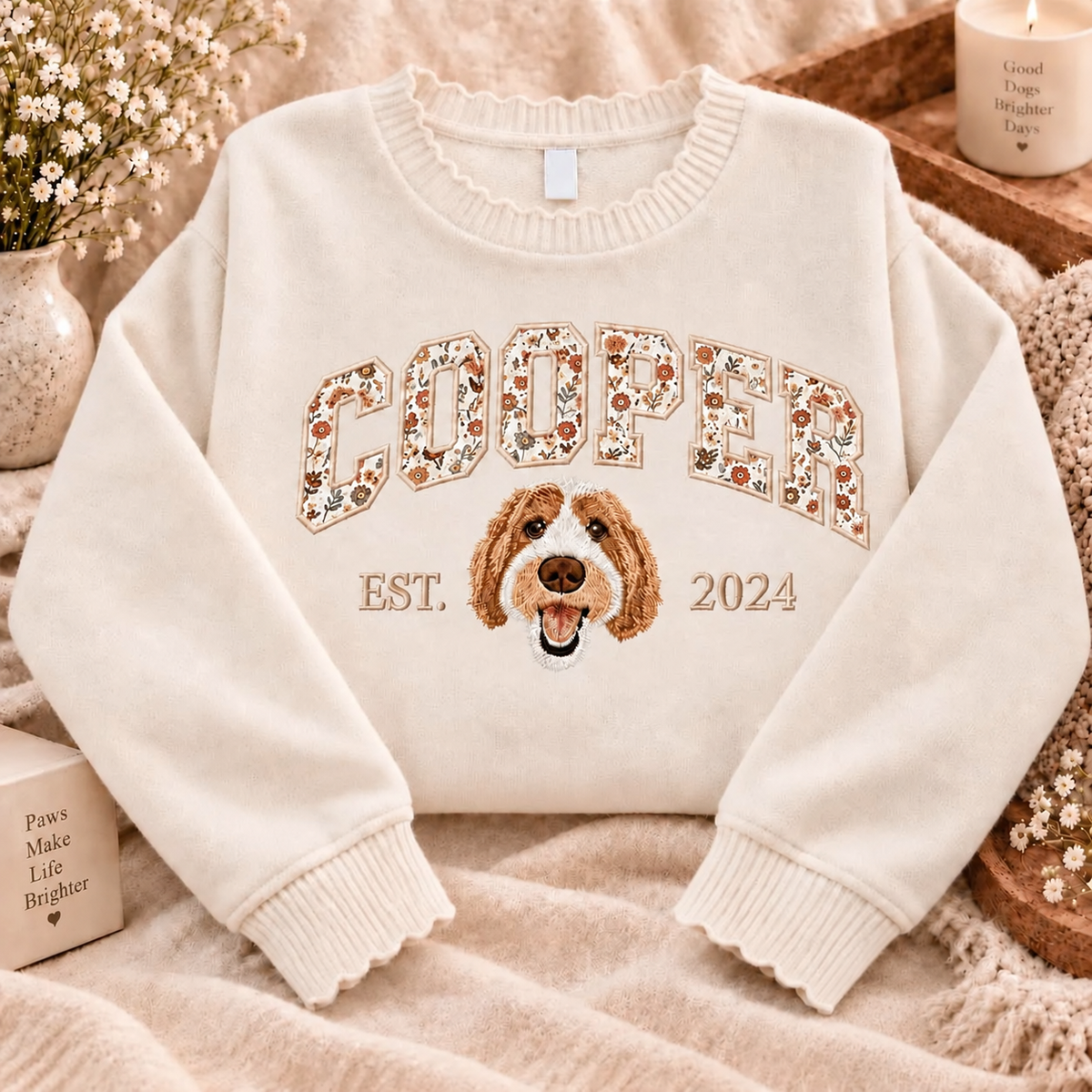 Cream Cooper pet portrait knit sweater with floral name letters