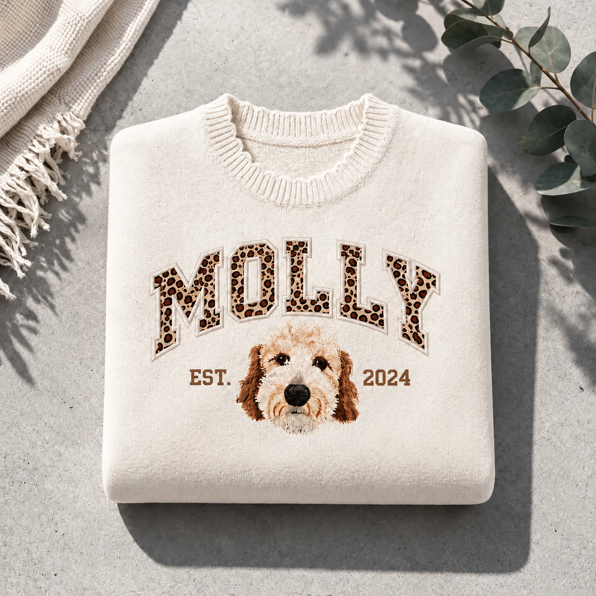 Folded cream Molly dog portrait knit sweater with leopard-print name applique