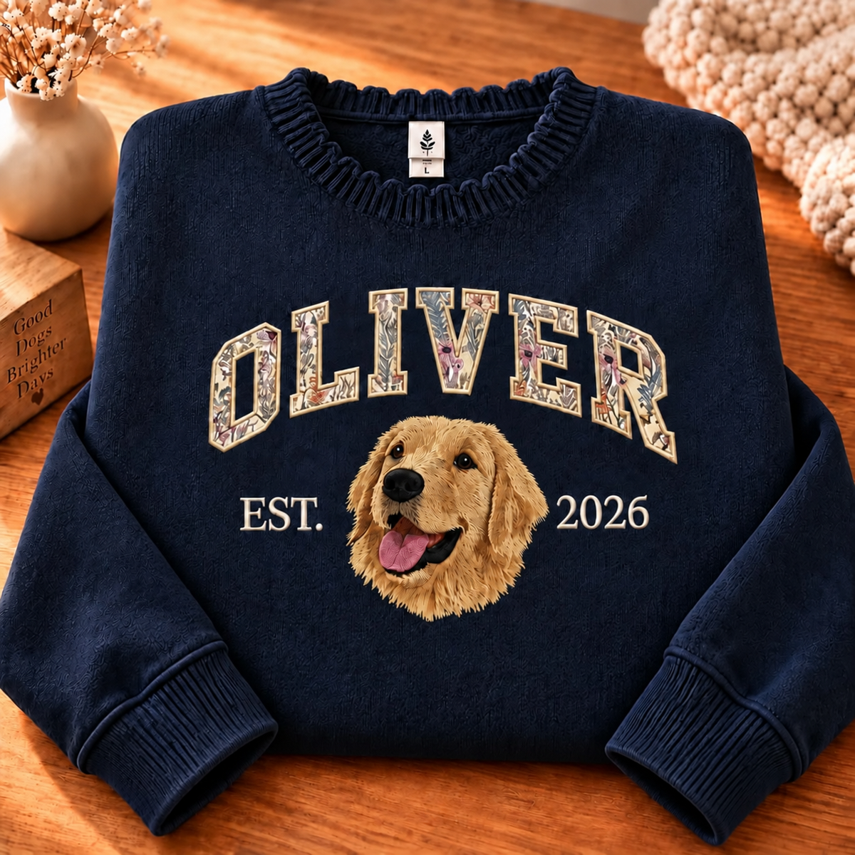 Navy Oliver golden retriever portrait knit sweater with floral name applique