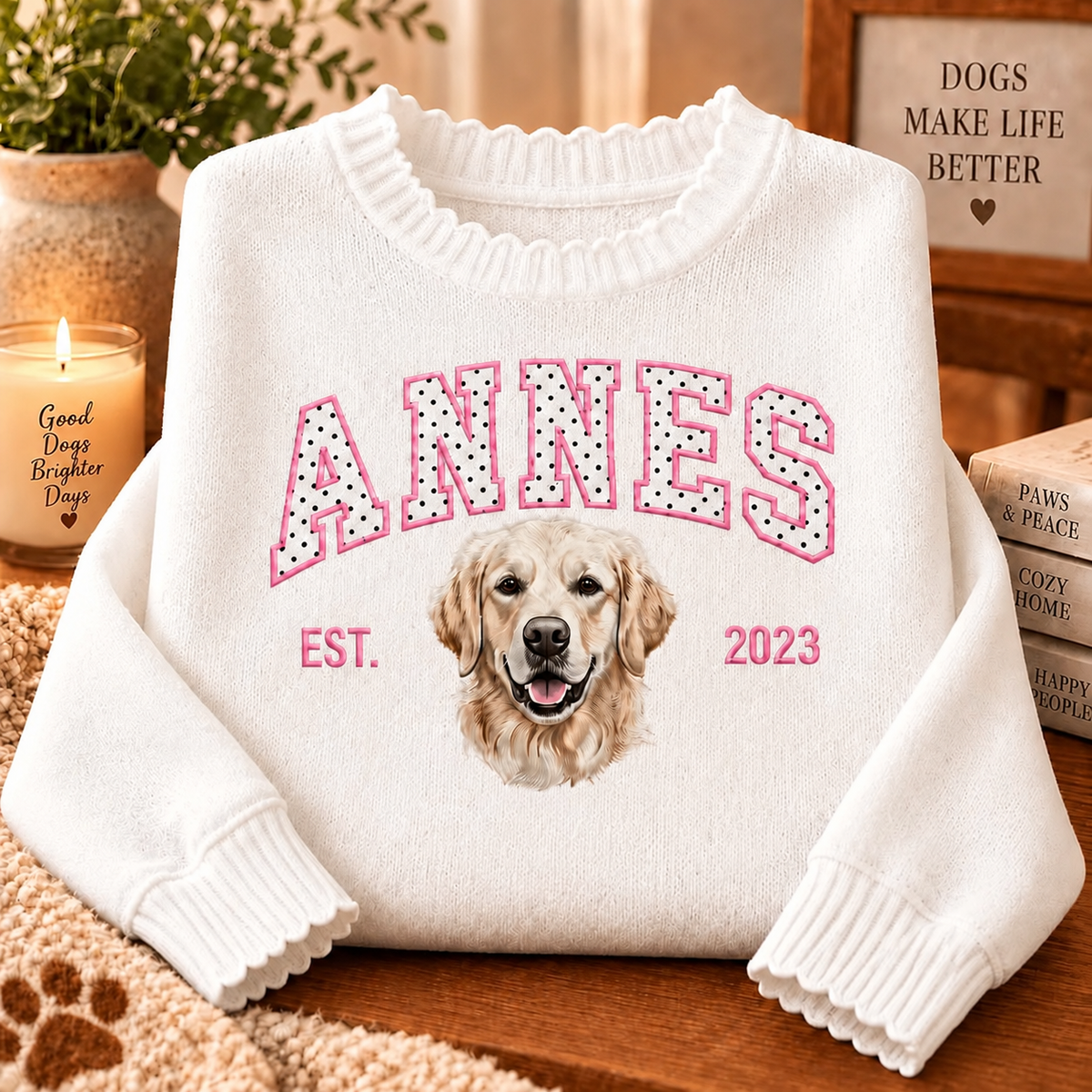 Cream Annes golden retriever portrait knit sweater with pink-trimmed polka-dot name applique