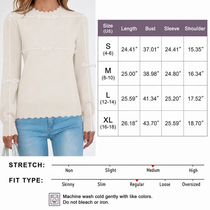 Knit sweater size chart with US size references and inch measurements
