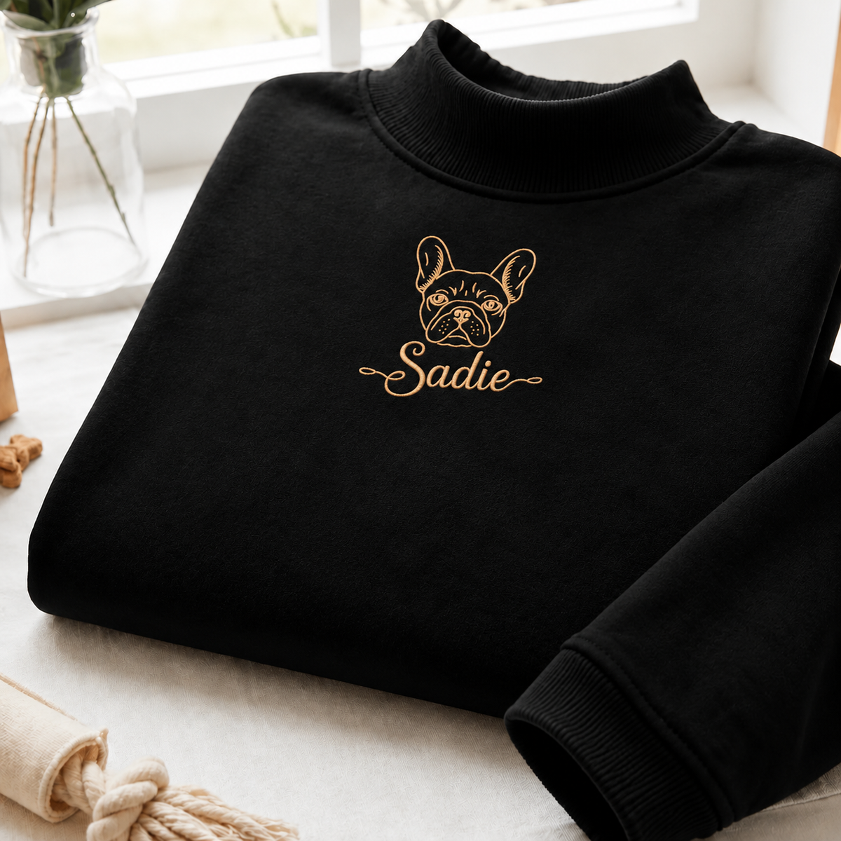 Personalized mockneck sweatshirt with delicate pet outline and script name