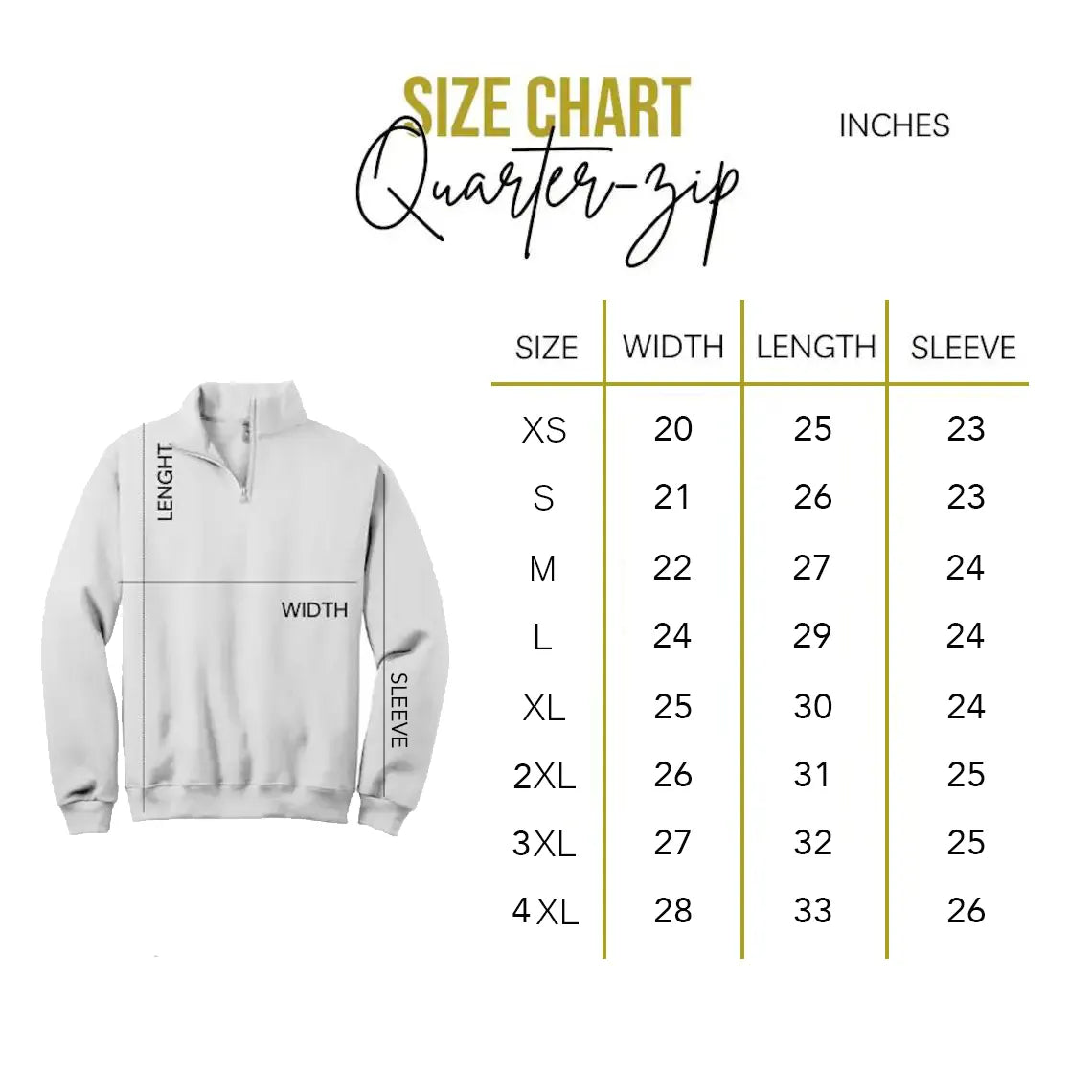 Supplier quarter zip size guide XS to 4XL with garment width length and sleeve measurements in inches
