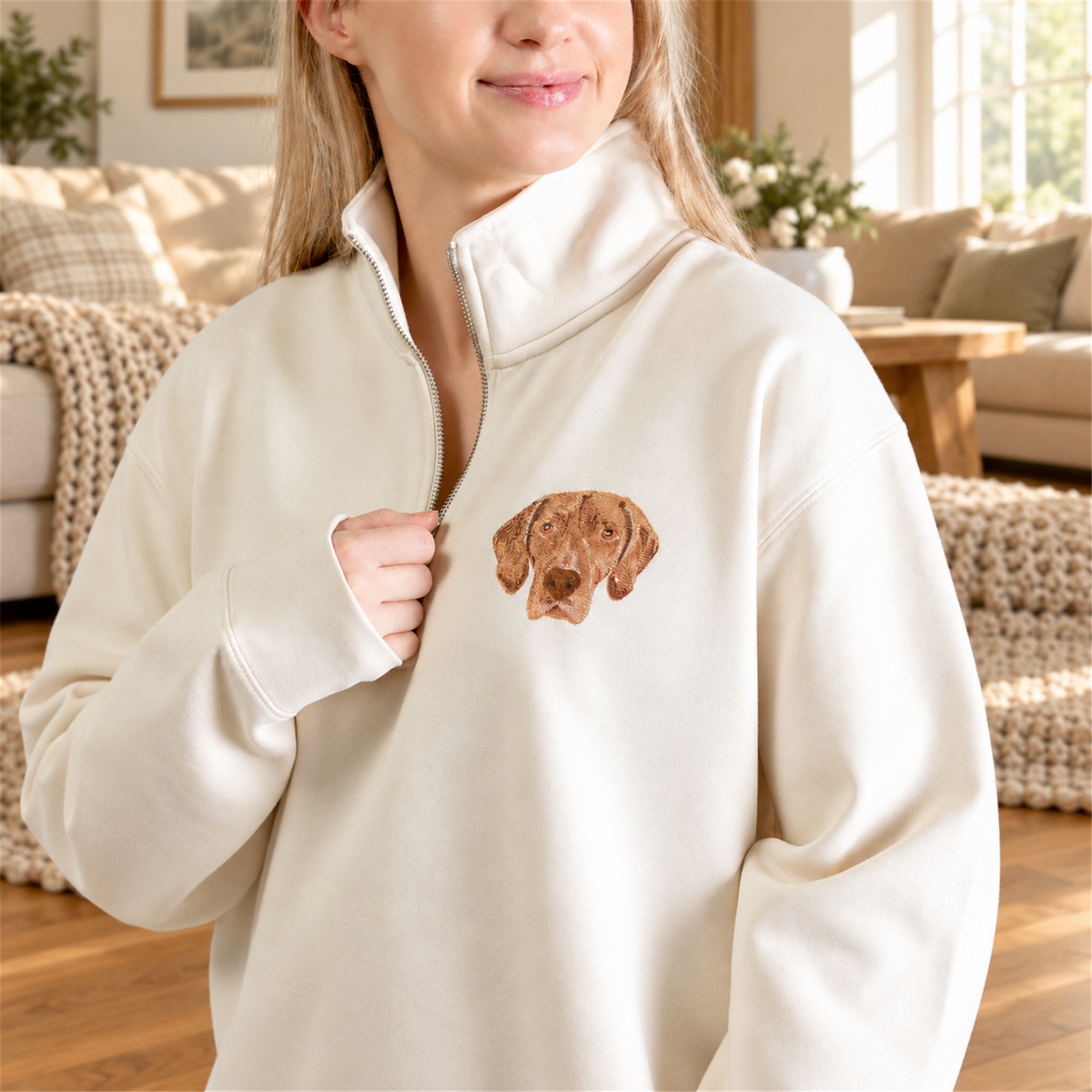 Close view of the quarter zip collar and embroidered dog portrait in a warm sunlit home setting