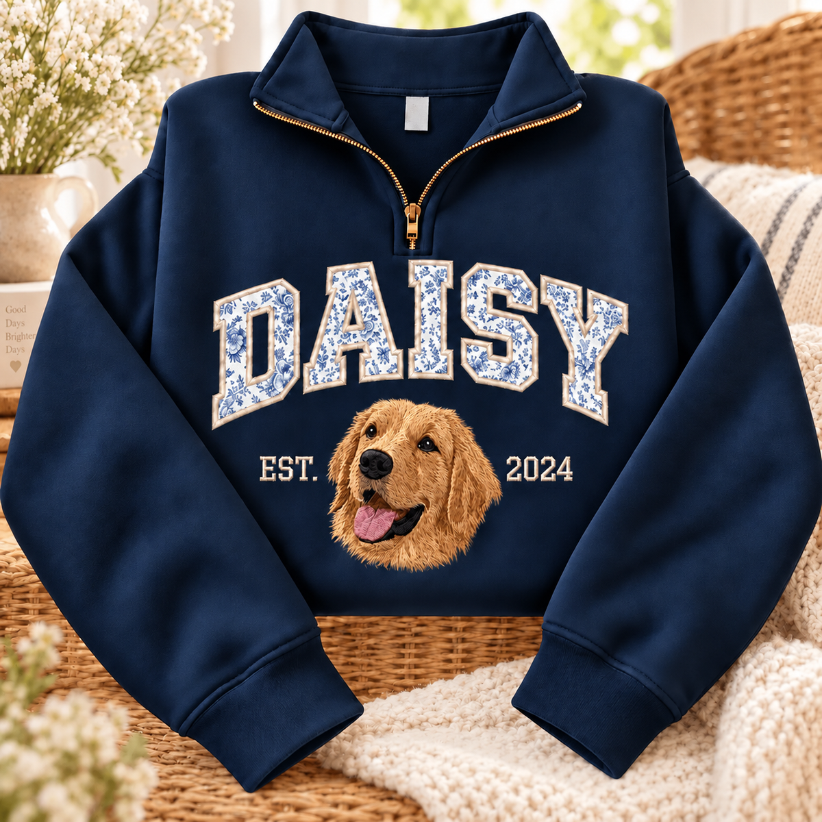 Navy DAISY blue floral applique name and golden retriever portrait quarter-zip sweatshirt