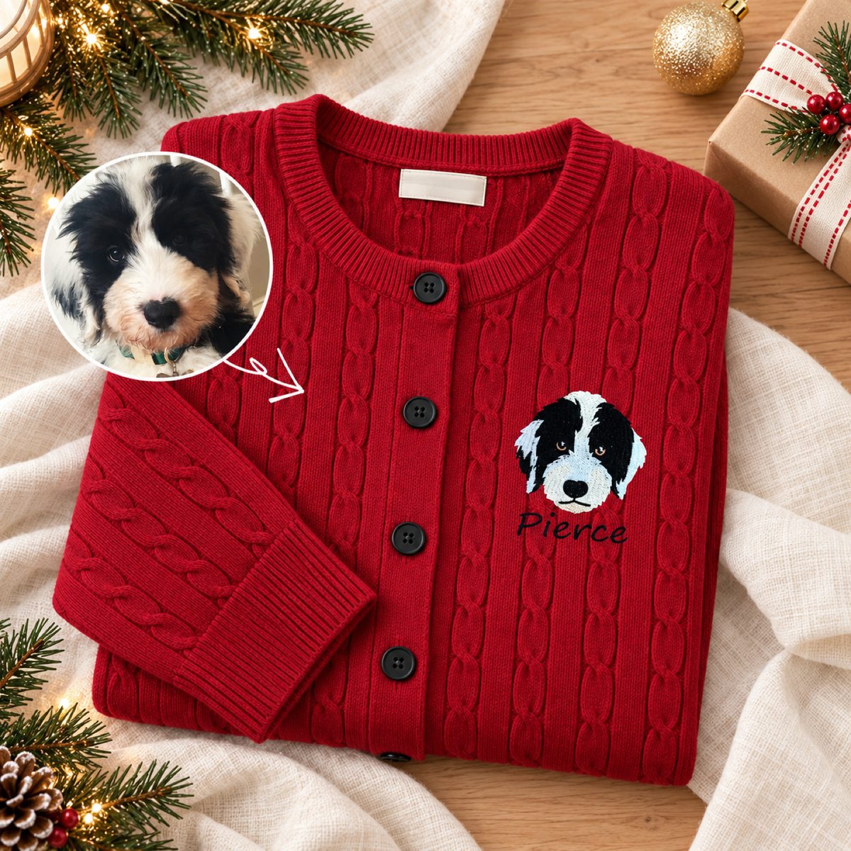 Red cable-knit cardigan with Pierre dog portrait embroidery, pet photo inset and arrow