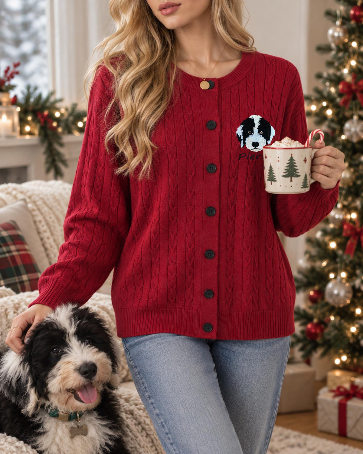 Red button-front pet portrait cardigan worn with jeans beside a dog