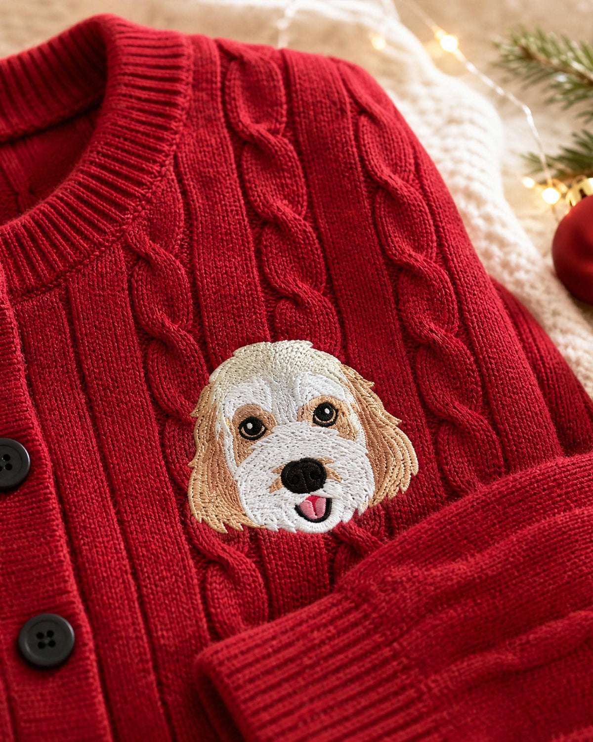 Close-up of dog portrait embroidery on a red cable-knit cardigan