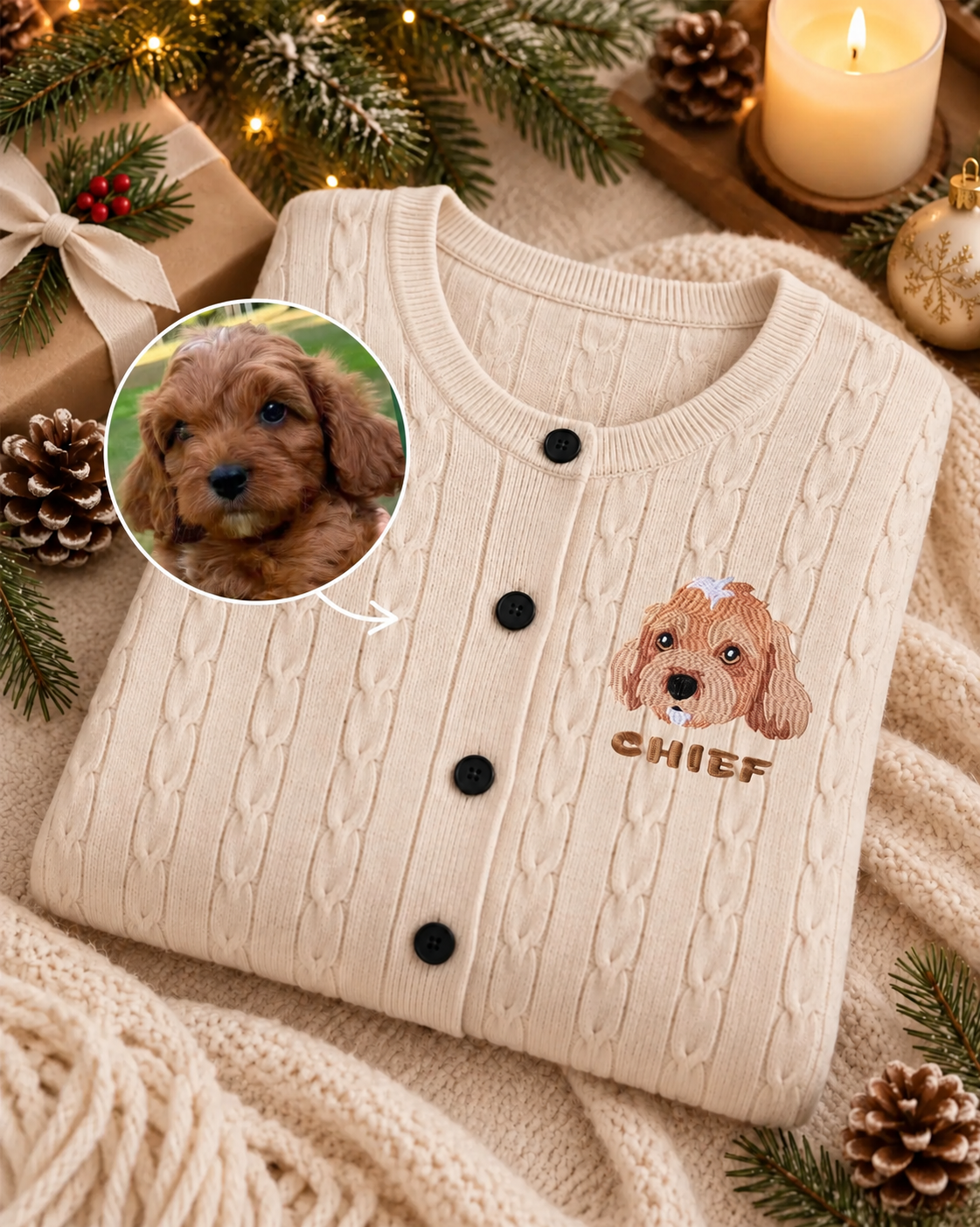 Cream cable-knit cardigan with Chief dog portrait embroidery and a matching pet photo inset