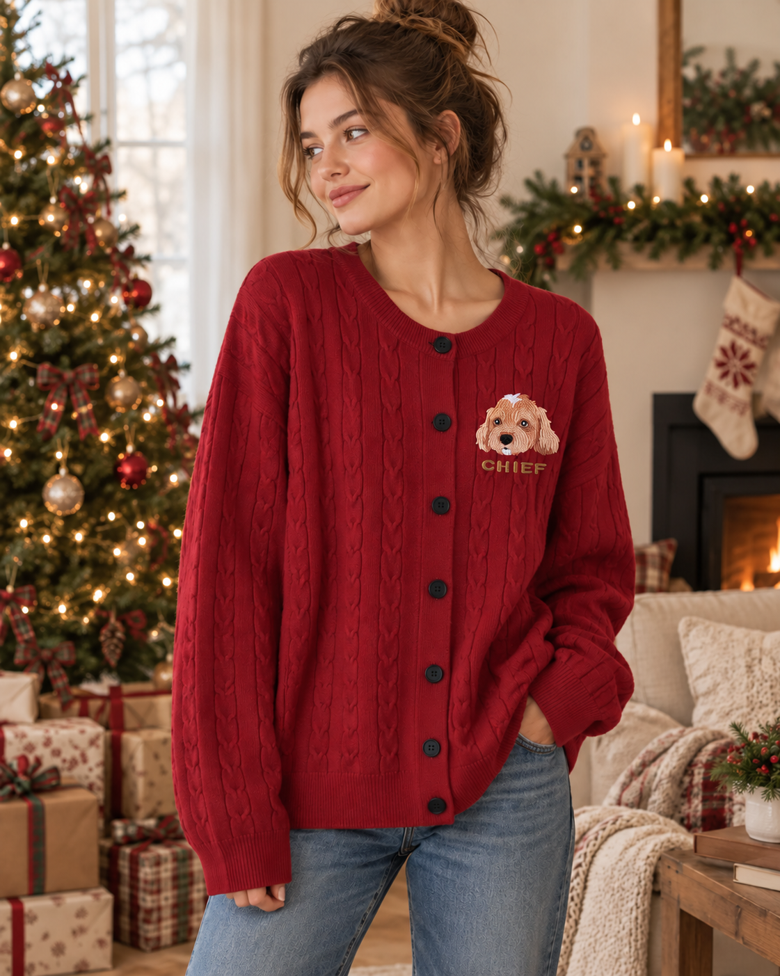 Model wearing red cardigan with a small brown dog portrait embroidery