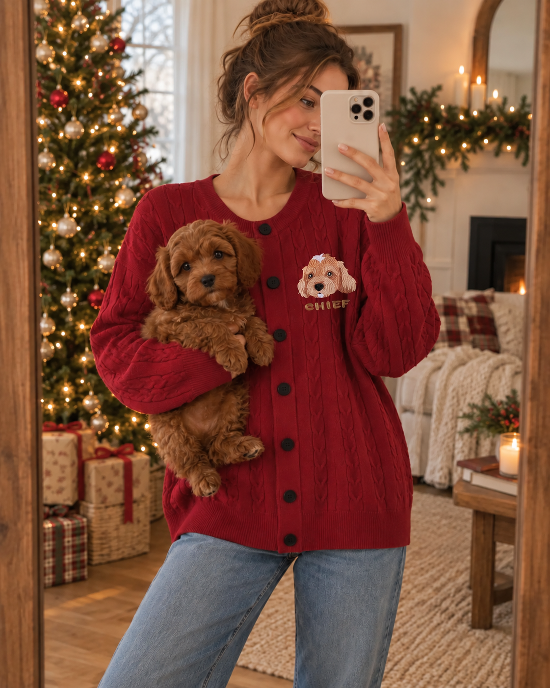 Mirror photo of a red personalized cardigan worn while holding a brown dog