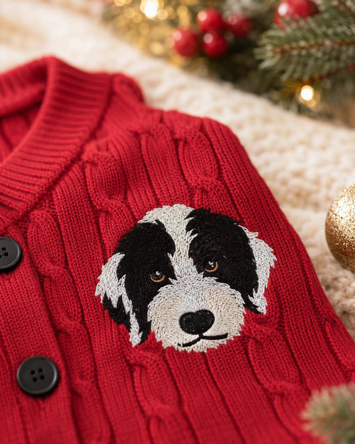 Close-up of black and white dog portrait embroidery on red cable knitting