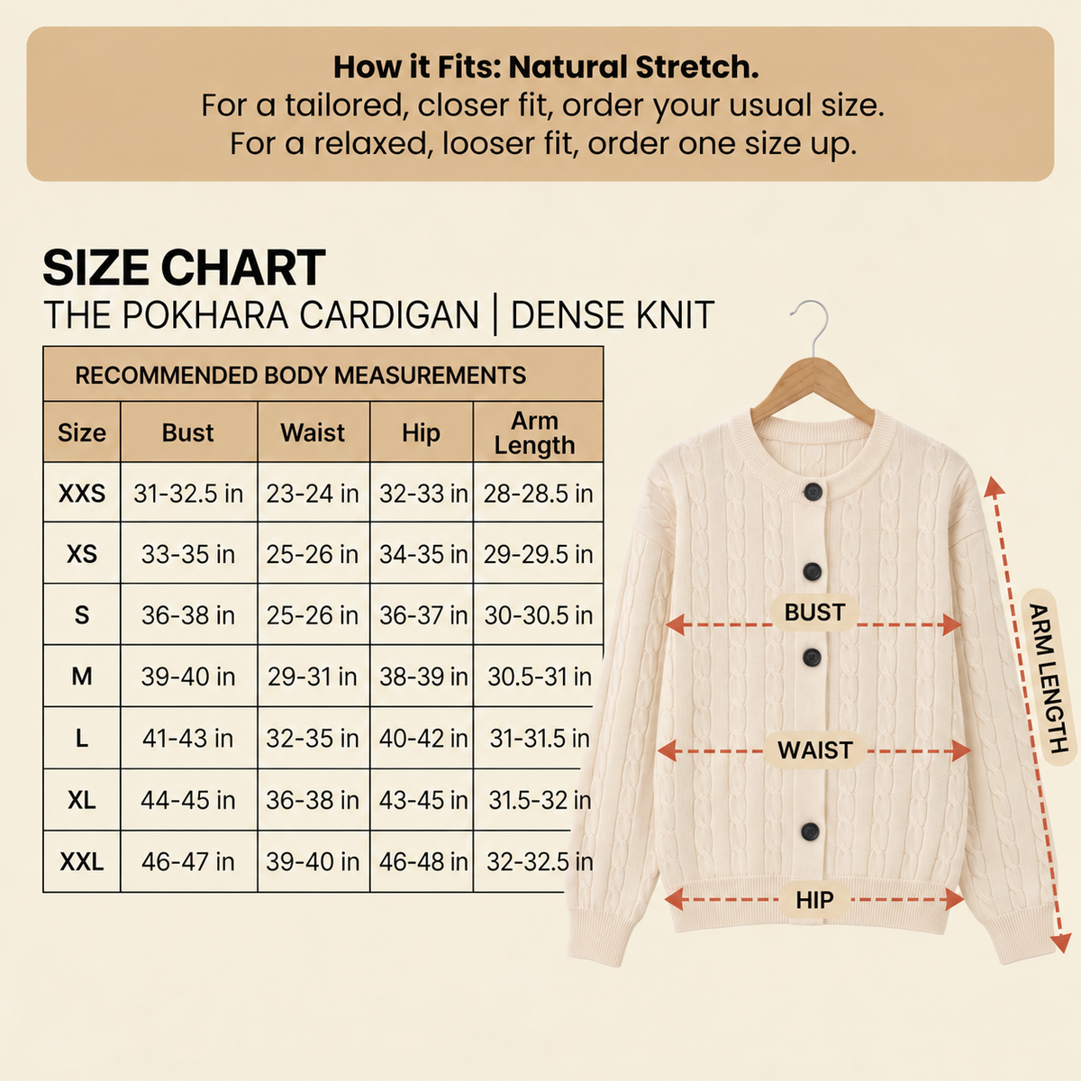 Cable-knit cardigan size chart with recommended body measurements in inches