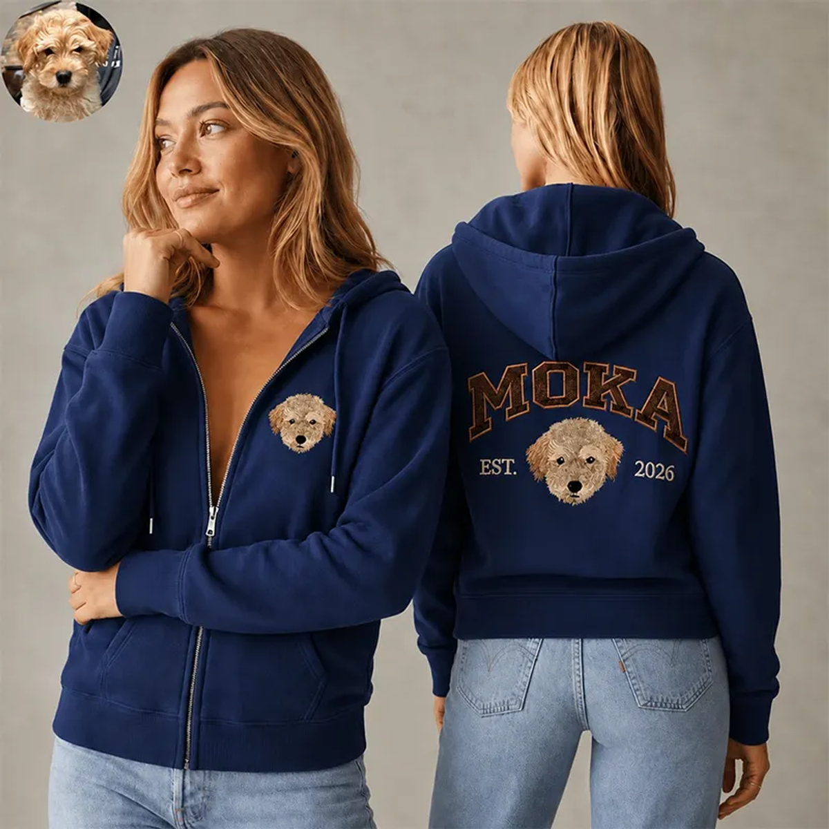 Navy zip hoodie with MOKA dog portrait embroidery on front and back