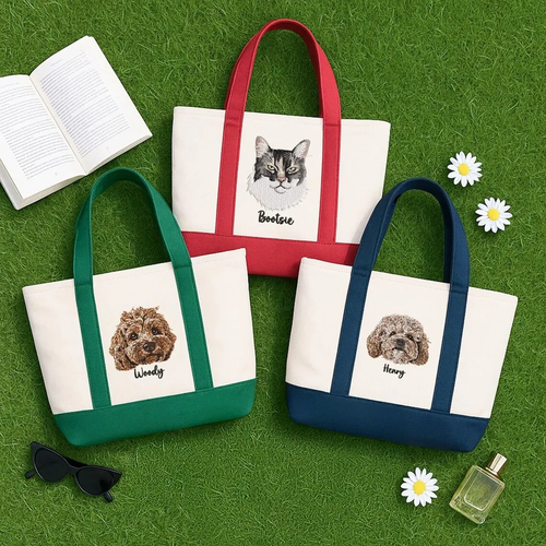 Red, green and blue personalized pet portrait tote bags