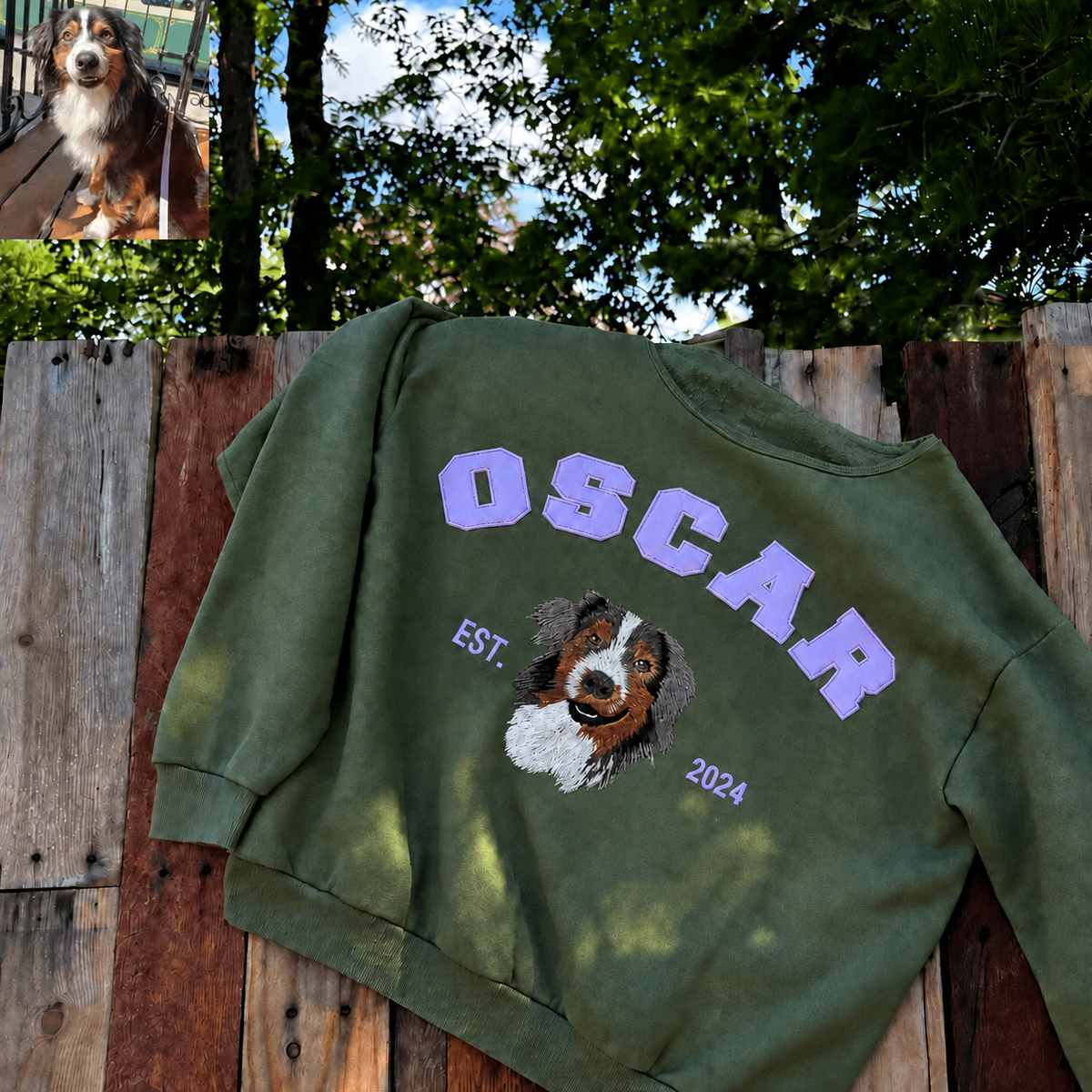 Olive OSCAR embroidered pet portrait sweatshirt with lavender applique name and a label-free neckline