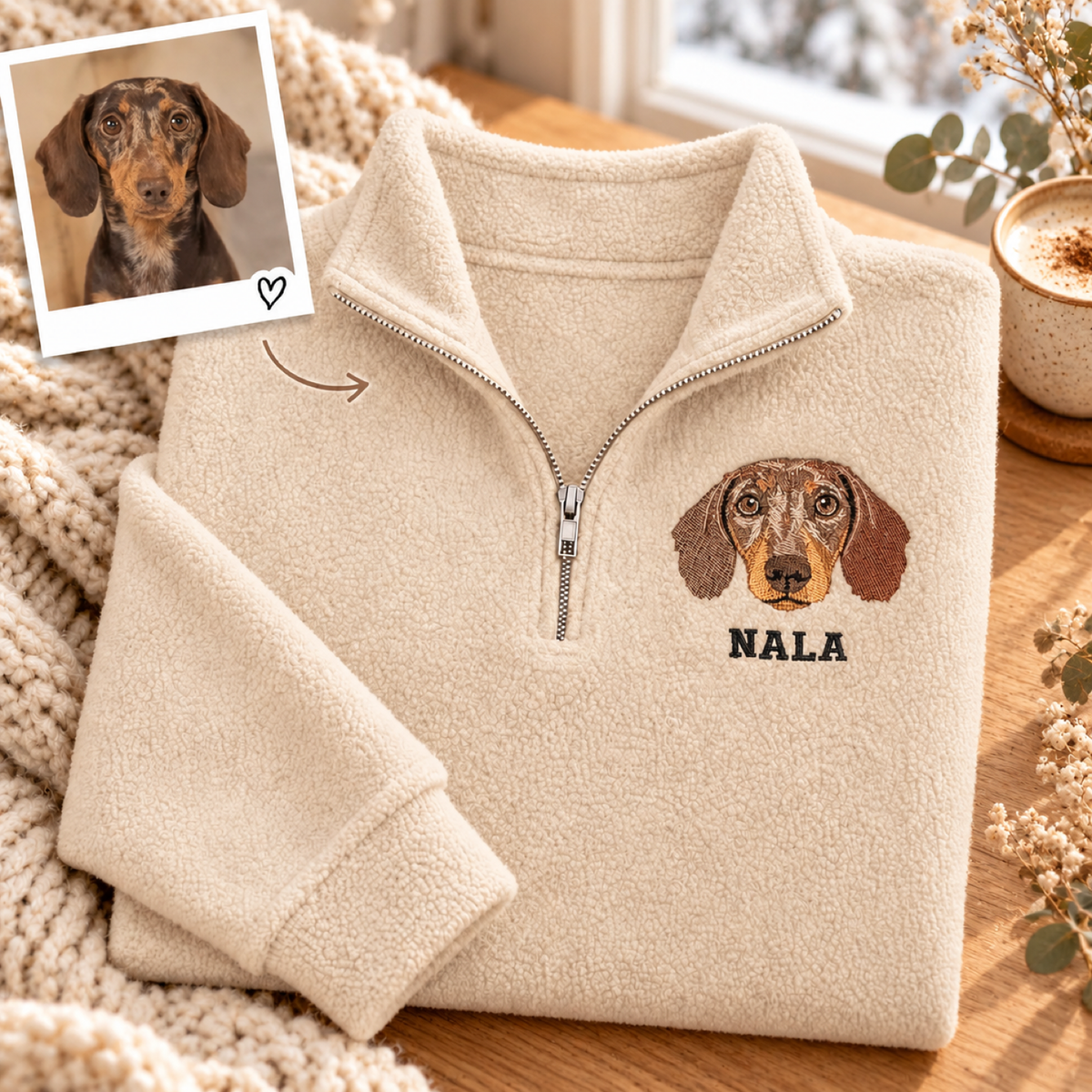 Cream fleece quarter zip with embroidered dachshund portrait and NALA name beside pet photo