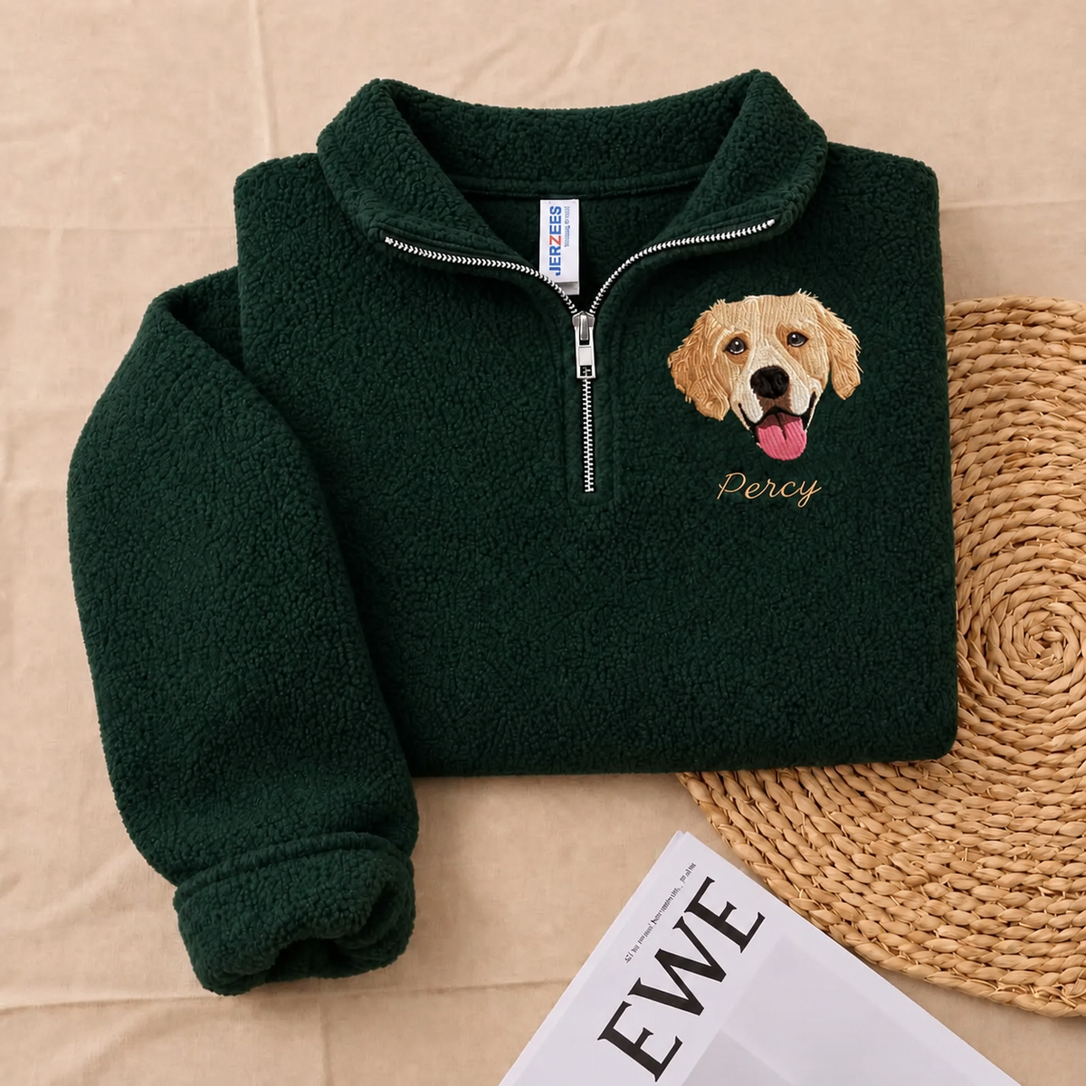 Forest green fleece quarter zip with golden dog portrait and name
