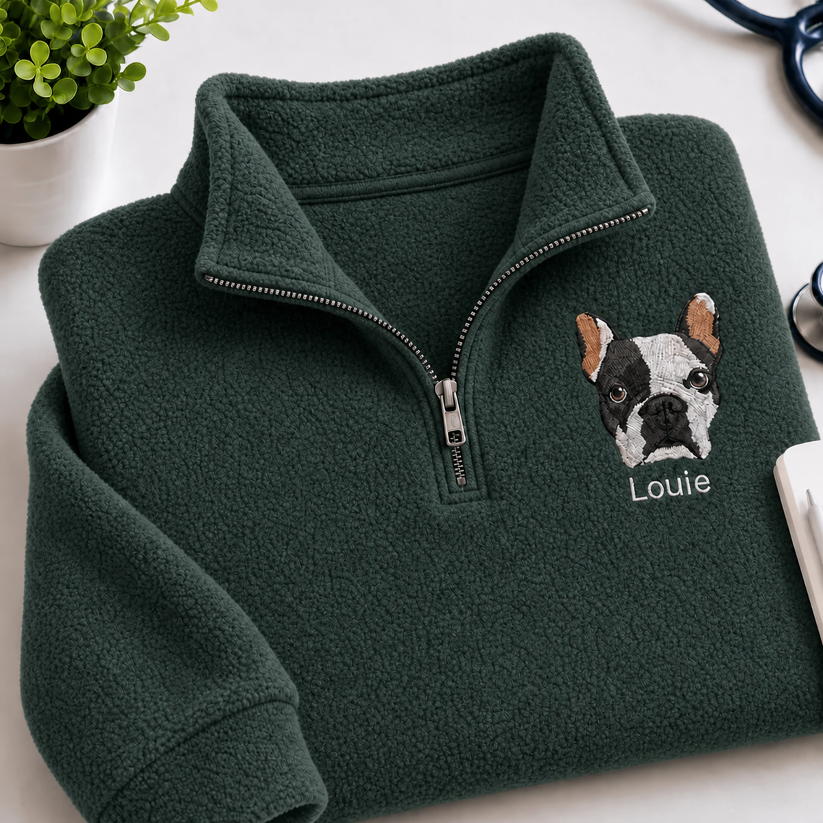 Dark green fleece quarter zip with French bulldog portrait and Louie name