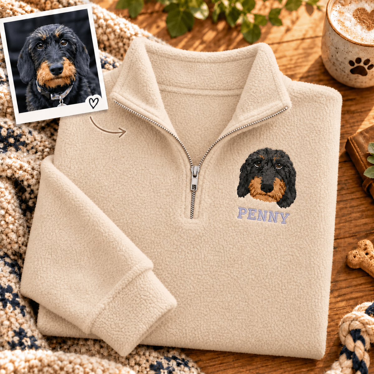 Cream fleece quarter zip with black and tan dog embroidery and pet photo