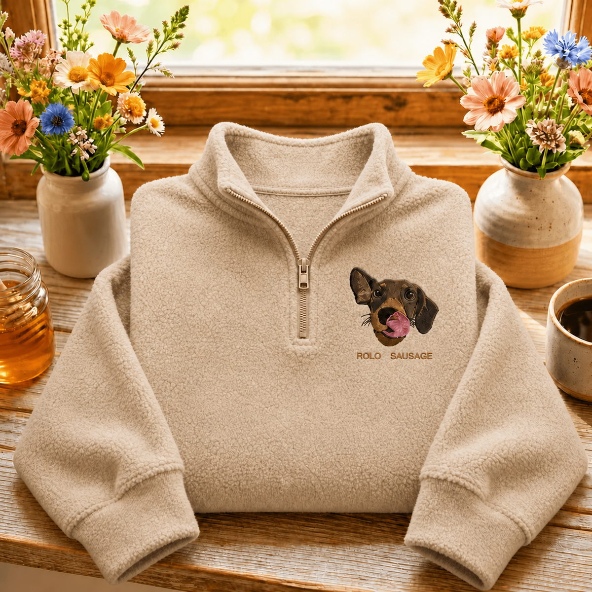 Cream fleece quarter zip with pet portrait arranged beside spring flowers