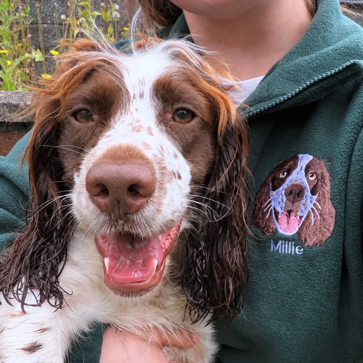Forest green fleece quarter zip with spaniel portrait beside matching dog