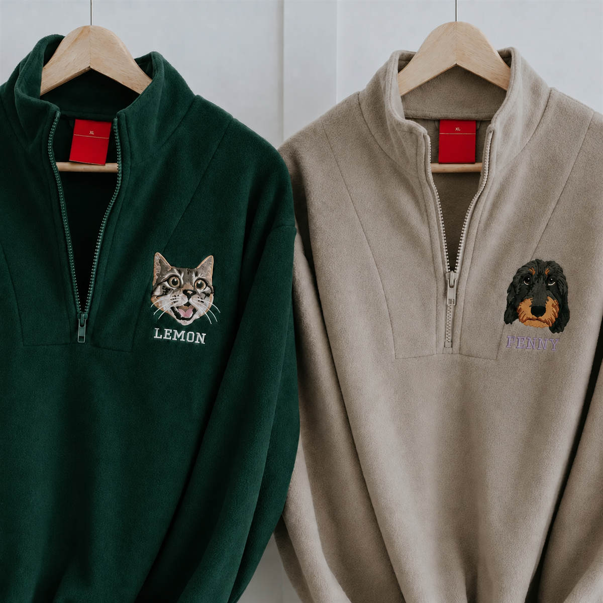 Green and taupe fleece quarter zips with embroidered pet portraits