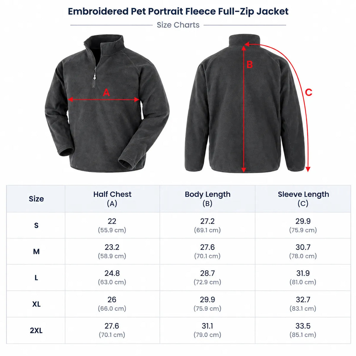 Supplier fleece pullover size chart in inches and centimeters