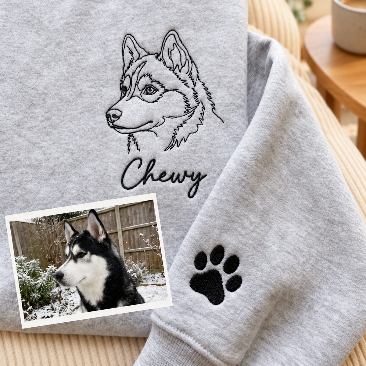 Gray Chewy husky outline embroidered sweatshirt with script name, paw sleeve and pet photo